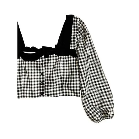 BCBGeneration Crop Top Ruffled Gingham Black White Blouse Top Shirt Sz M NWT - Picture 7 of 12